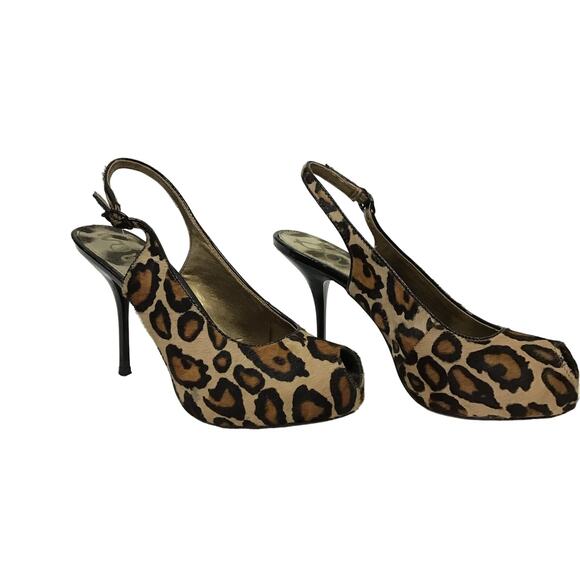 Sam Edelman Penelope Calf Hair Leather Nude Leopard Pump Peep Toe Heel 7.5 7 1/2 - Picture 3 of 16
